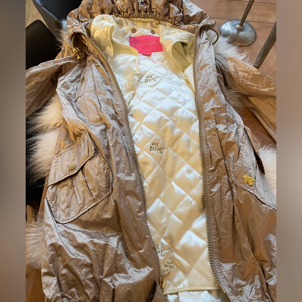 Pristine like New Betsy’s Johnson Beige Hooded Jacket with Quilted winter Lining